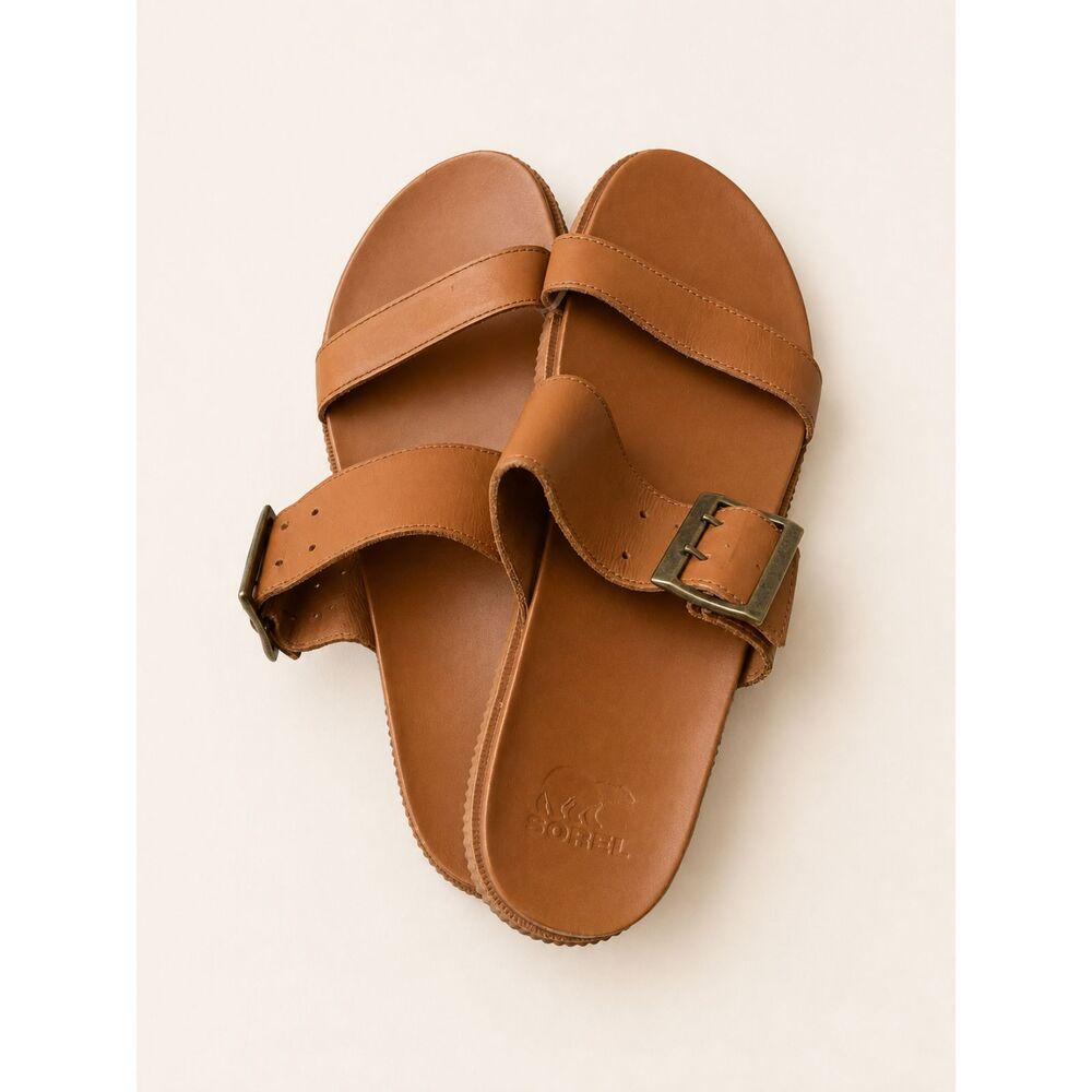 Sorel Ella II Buckle Slide Sandals | Cognac Brown | Size 9
